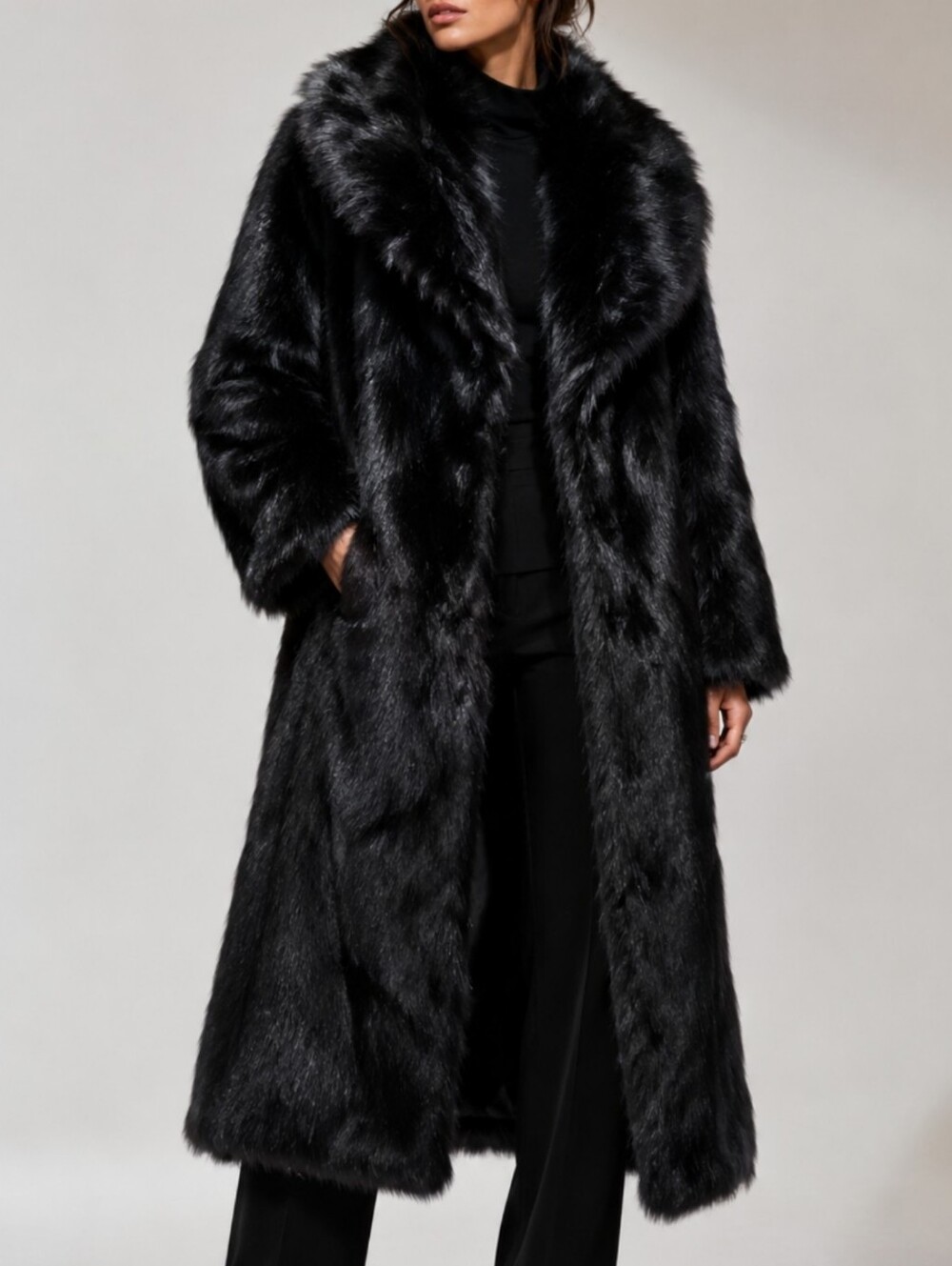 STOOSH Black Long Faux Fur Coat NWT Size M
